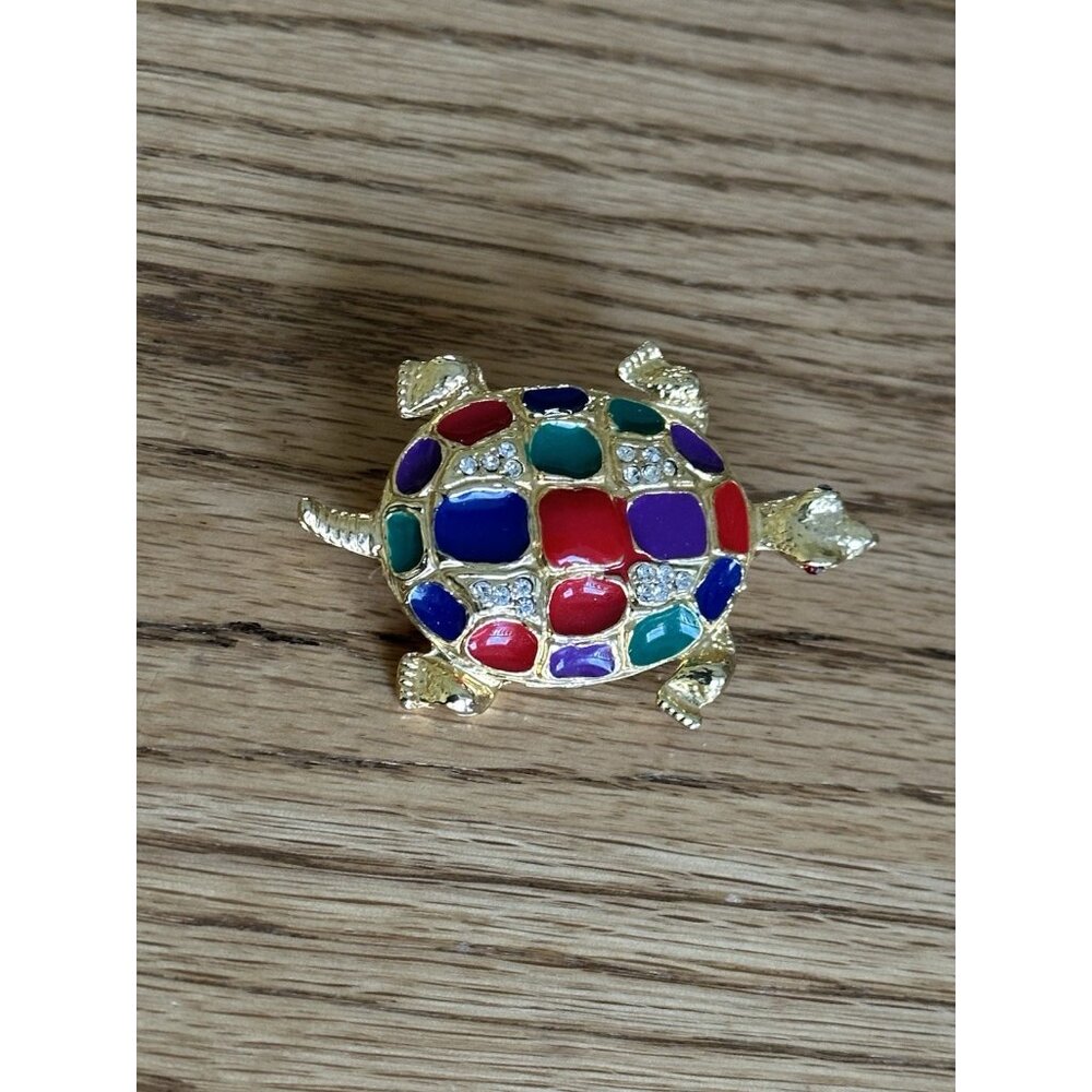 Crystal Rhinestone Turtle Brooch Pin Gold Toned Enamel Multi-Colored - Picture 6 of 6